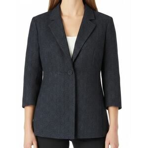Eileen Fisher Black Embroidered Blue Swirl Wool Single Button Blazer Size XS
